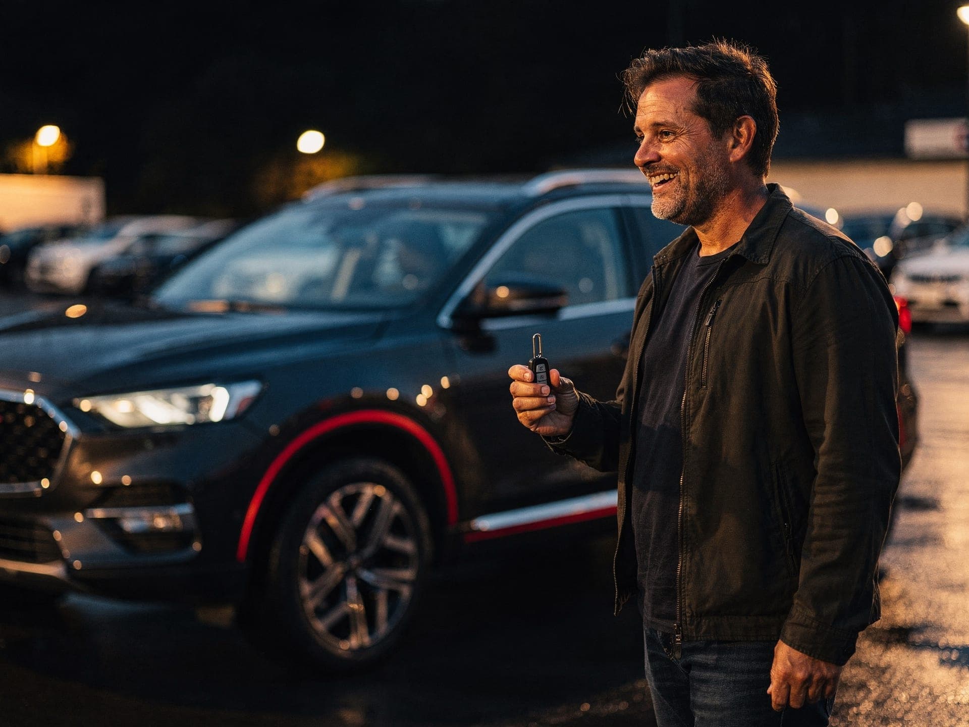 A happy High Line customer holding the keys to his newly purchased SUV in the dealership lot at dusk