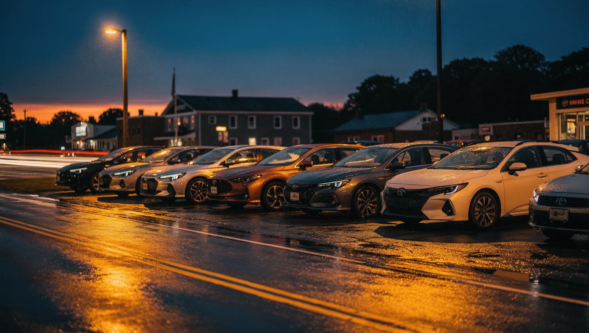 El lote de High Line Auto Sales en Salem, NH al atardecer, una fila de autos usados limpios bajo las luces de la calle