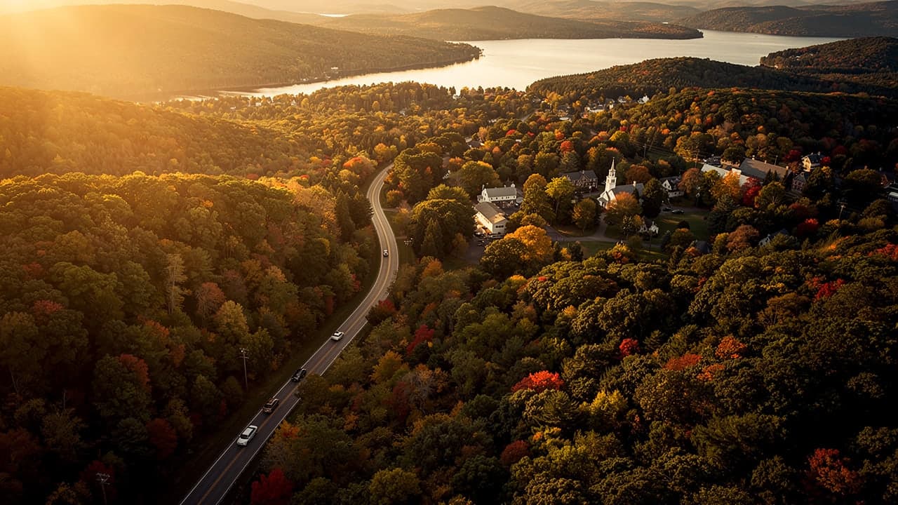 Aerial view of a southern New Hampshire town and winding roads through autumn foliage, the region High Line serves