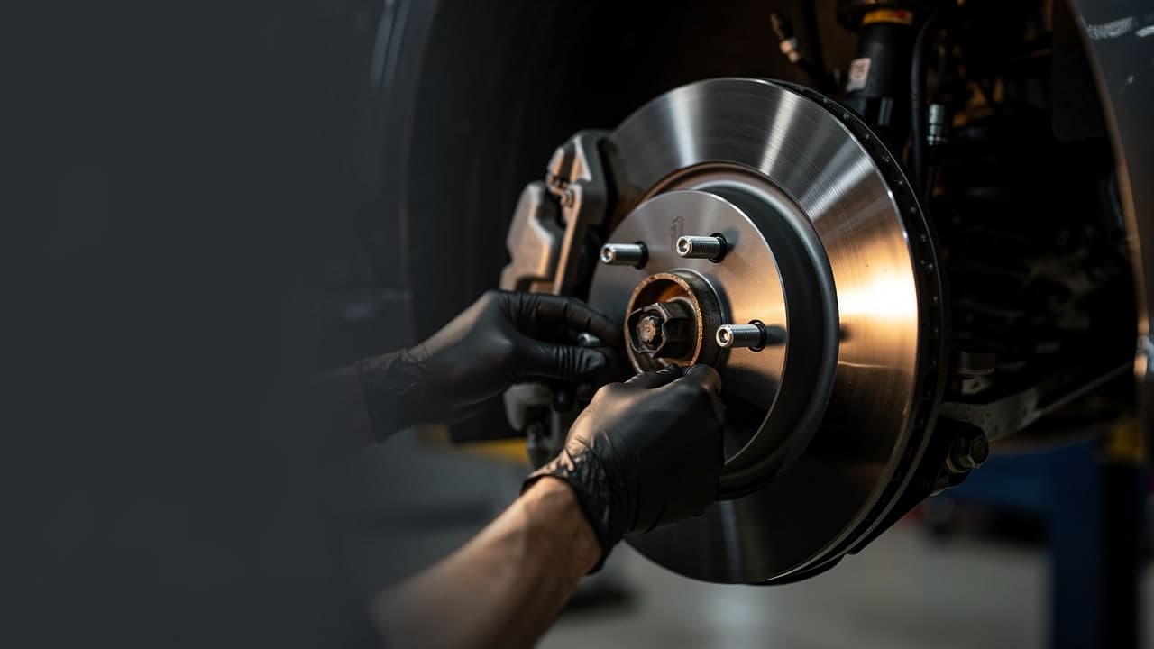 A technician's gloved hands servicing a disc brake on a customer's vehicle