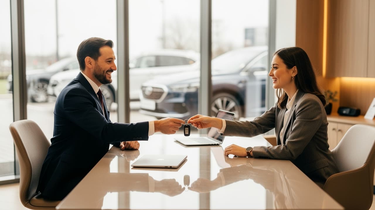 A High Line finance manager handing car keys to a happy approved customer in Salem, NH